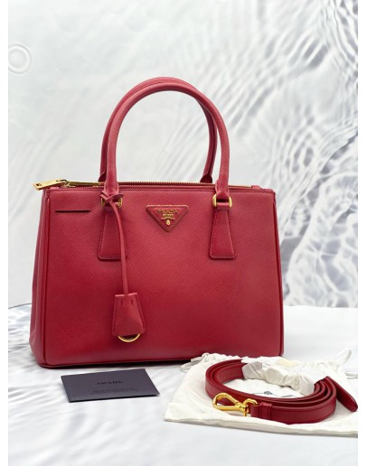 (LIKE NEW) PRADA BN1801 MEDIUM GALLERIA IN RED SAFFIANO LUX LEATHER HANDLE ZIPPED BAG WITH ADJUSTABLE STRAP