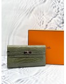 2015 HERMES KELLY LONG WALLET IN VERT OLIVE ALLIGATOR MISSISSIPPIENSIS LEATHER