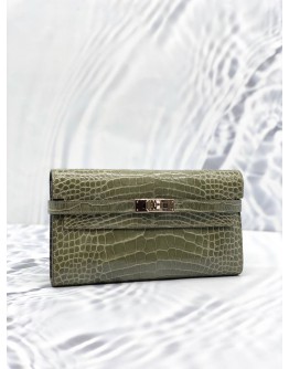 2015 HERMES KELLY LONG WALLET IN VERT OLIVE ALLIGATOR MISSISSIPPIENSIS LEATHER