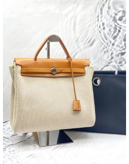 2019 HERMES HERBAG ZIP 31 TOP HANDLE AND SHOULDER BAG IN CANVAS BEIGE AND GOLD VACHE HUNTER LEATHER 