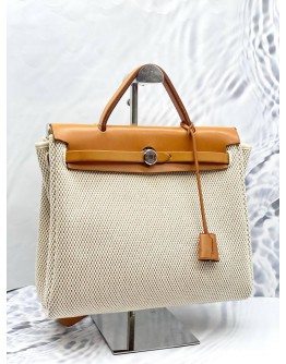 2019 HERMES HERBAG ZIP 31 TOP HANDLE AND SHOULDER BAG IN CANVAS BEIGE AND GOLD VACHE HUNTER LEATHER 