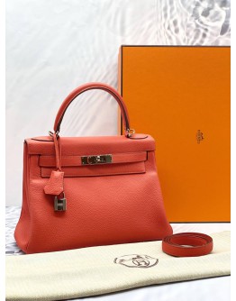 (LIKE NEW) 2015 HERMES KELLY 28 TOP HANDLE BAG WITH SHOULDER STRAP IN CAPUCINE TOGO LEATHER -FULL SET-