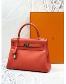 (LIKE NEW) 2015 HERMES KELLY 28 TOP HANDLE BAG WITH SHOULDER STRAP IN CAPUCINE TOGO LEATHER -FULL SET-