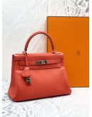 (LIKE NEW) 2015 HERMES KELLY 28 TOP HANDLE BAG WITH SHOULDER STRAP IN CAPUCINE TOGO LEATHER -FULL SET-