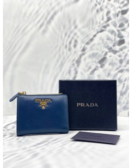 (LIKE NEW)PRADA SMALL NAVY BLUE SAFFIANO LEATHER FLAP WALLET -FULL SET-