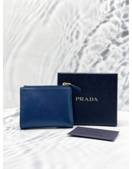 (LIKE NEW)PRADA SMALL NAVY BLUE SAFFIANO LEATHER FLAP WALLET -FULL SET-