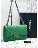 CHANEL CLASSIC DOUBLE FLAP JUMBO GREEN CAVIAR LEATHER GREY HARDWARE CHAIN BAG -FULL SET- 