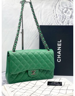 CHANEL CLASSIC DOUBLE FLAP JUMBO GREEN CAVIAR LEATHER GREY HARDWARE CHAIN BAG -FULL SET- 