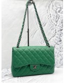 CHANEL CLASSIC DOUBLE FLAP JUMBO GREEN CAVIAR LEATHER GREY HARDWARE CHAIN BAG -FULL SET- 