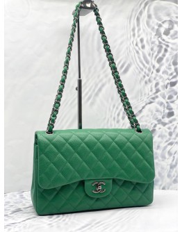 CHANEL CLASSIC DOUBLE FLAP JUMBO GREEN CAVIAR LEATHER GREY HARDWARE CHAIN BAG -FULL SET- 