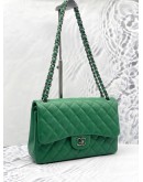 CHANEL CLASSIC DOUBLE FLAP JUMBO GREEN CAVIAR LEATHER GREY HARDWARE CHAIN BAG -FULL SET- 