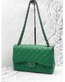 CHANEL CLASSIC DOUBLE FLAP JUMBO GREEN CAVIAR LEATHER GREY HARDWARE CHAIN BAG -FULL SET- 