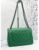 CHANEL CLASSIC DOUBLE FLAP JUMBO GREEN CAVIAR LEATHER GREY HARDWARE CHAIN BAG -FULL SET- 