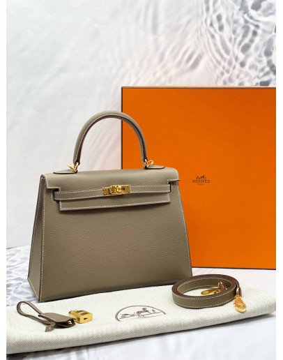 (BRAND NEW) 2025 HERMES KELLY 25 SELLIER TOP HANDLE BAG WITH SHOULDER STRAP IN 18 ETOUPE VEAU EPSOM LEATHER -FULL SET-