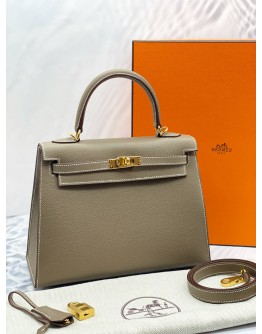 (BRAND NEW) 2025 HERMES KELLY 25 SELLIER TOP HANDLE BAG WITH SHOULDER STRAP IN 18 ETOUPE VEAU EPSOM LEATHER -FULL SET-