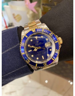 ROLEX SUBMARINER DATE HALF 18K 750 YELLOW GOLD REF 16613 BLUE DIAL 40MM AUTOMATIC WATCH