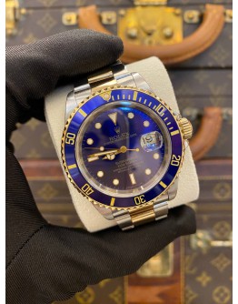 ROLEX SUBMARINER DATE HALF 18K 750 YELLOW GOLD REF 16613 BLUE DIAL 40MM AUTOMATIC WATCH