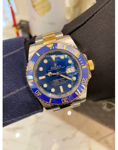 (UNUSED) 2019 ROLEX SUBMARINER DATE HALF 18K 750 YELLOW GOLD REF 116613LB BLUE DIAL 40MM AUTOMATIC WATCH -FULL SET-