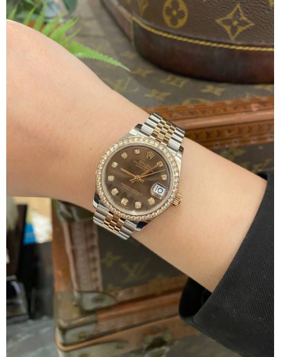 (UNUSED) 2019 ROLEX DATEJUST 31 REF 278381RBR HALF 18K 750 ROSE GOLD BROWN DIAMOND DIAL DIAMOND BEZEL 31MM AUTOMATIC WATCH -FULL SET-