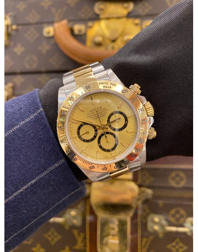 ROLEX DAYTONA SUPERLATIVE CHRONOMETER COSMOGRAPH HALF 18K 750 YELLOW GOLD REF 16523 CHAMPAGNE DIAL 40MM AUTOMATIC WATCH 
