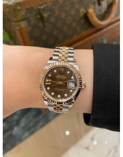 (UNUSED) 2022 ROLEX LADY DATEJUST REF 279171 HALF 18K 750 ROSE GOLD CHOCOLATE STAR DIAMOND DIAL 28MM AUTOMATIC WATCH -FULL SET-