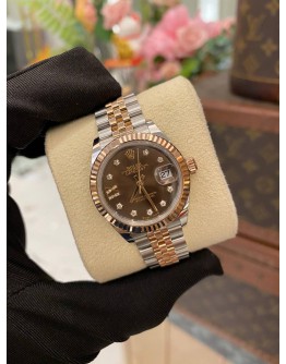 (UNUSED) 2022 ROLEX LADY DATEJUST REF 279171 HALF 18K 750 ROSE GOLD CHOCOLATE STAR DIAMOND DIAL 28MM AUTOMATIC WATCH -FULL SET-