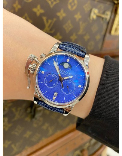 2021 GRAHAM CHRONOFIGHTER 1695 LADY MOON MOONPHASE REF 2CXBS BLUE DIAMONDS DIAL 36MM QUARTZ WATCH -FULL SET-