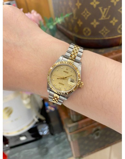 (LIKE NEW) ROLEX LADY DATEJUST REF 69173 HALF 18K 750 YELLOW GOLD CHAMPAGNE COMPUTER DIAMOND DIAL 26MM AUTOMATIC WATCH -FULL SET-