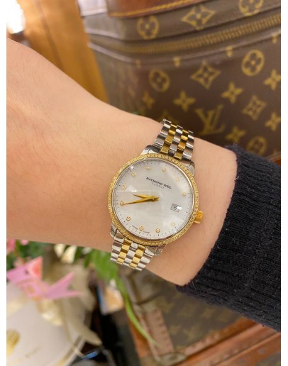 (LIKE NEW) 2023 RAYMOND WEIL TOCCATA HALF 18K 750 YELLOW GOLD MOTHER OF PEARL DIAMOND DIAL REF 5988-SP5-97081 29MM QUARTZ WATCH
