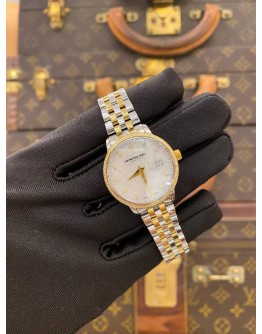 (LIKE NEW) 2023 RAYMOND WEIL TOCCATA HALF 18K 750 YELLOW GOLD MOTHER OF PEARL DIAMOND DIAL REF 5988-SP5-97081 29MM QUARTZ WATCH