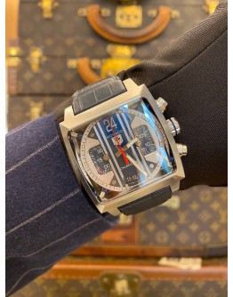 (LIKE NEW) 2016 TAG HEUER MONACO CALIBRE 36 CHRONOGRAPH REF CAL5111 BLUE DIAL 40.5MM AUTOMATIC WATCH -FULL SET-
