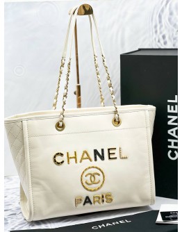 CHANEL LOGO CHARMS DEAUVILLE TOTE BAG FULL SET