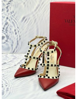VALENTINO ROCKSTUD RED, BLACK AND ECRU LEATHER PUMPS SIZE 36