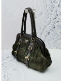 PRADA GREEN / BROWN TESSUTO GAUFRE NYLON AND LEATHER FRAMED SATCHEL BAG