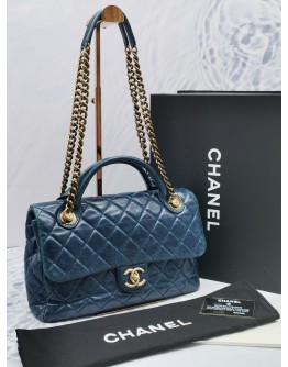 CHANEL ROCK CASTLE DISTRESSED BLUE CALFSKIN LEATHER FLAP BAG -FULL SET-