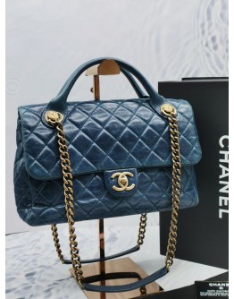 CHANEL ROCK CASTLE DISTRESSED BLUE CALFSKIN LEATHER FLAP BAG -FULL SET-