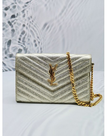 YSL SAINT LAURENT GOLD METALLIC MATELASSE LEATHER ENVELOPE WALLET ON CHAIN 