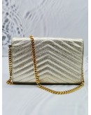 YSL SAINT LAURENT GOLD METALLIC MATELASSE LEATHER ENVELOPE WALLET ON CHAIN 