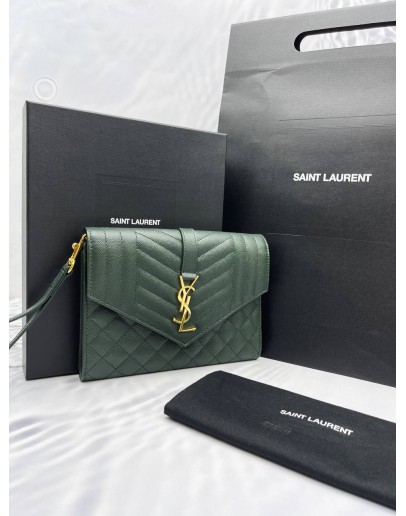 YSL SAINT LAURENT MONOGRAM ENVELOPE GRAINED CALFSKIN LEATHER CLUTCH -FULL SET-