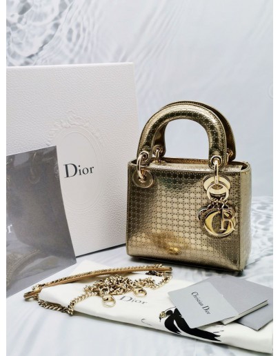 CHRISTIAN DIOR MINI LADY DIOR METALLIC LEATHER WITH CHAIN -FULL SET-