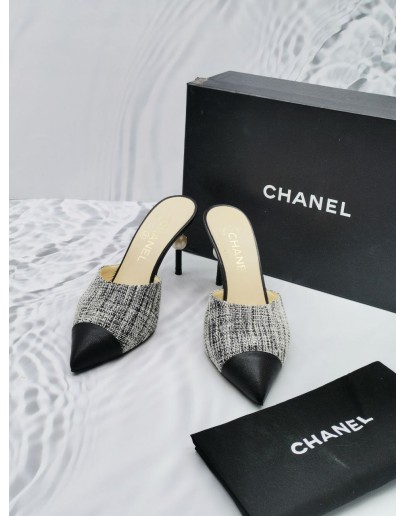 CHANEL TWEED LAMBSKIN PEARL BLACK WHITE HEELS SIZE 37 -FULL SET-