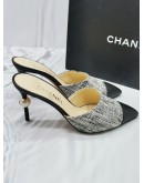 CHANEL TWEED LAMBSKIN PEARL BLACK WHITE HEELS SIZE 37 -FULL SET-