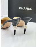 CHANEL TWEED LAMBSKIN PEARL BLACK WHITE HEELS SIZE 37 -FULL SET-