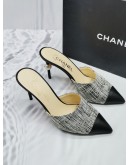 CHANEL TWEED LAMBSKIN PEARL BLACK WHITE HEELS SIZE 37 -FULL SET-