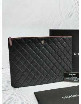 CHANEL BLACK QUILTED LAMBSKIN LEATHER LARGE O-CASE ZIP POUCH -FULL SET-