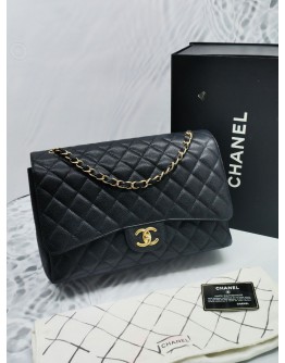 CHANEL CLASSIC MAXI DOUBLE FLAP BAG CAVIAR LEATHER GHW -FULL SET-