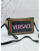 VERSACE PINK LOGO BLACK LEATHER ZIP POUCH CROSSBODY BAG