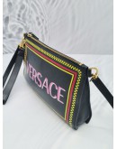 VERSACE PINK LOGO BLACK LEATHER ZIP POUCH CROSSBODY BAG