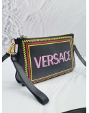 VERSACE PINK LOGO BLACK LEATHER ZIP POUCH CROSSBODY BAG