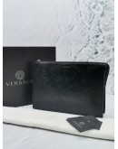 VERSACE LOGO BLACK EMBOSSED LEATHER FLOWER CLUTCH -FULL SET-